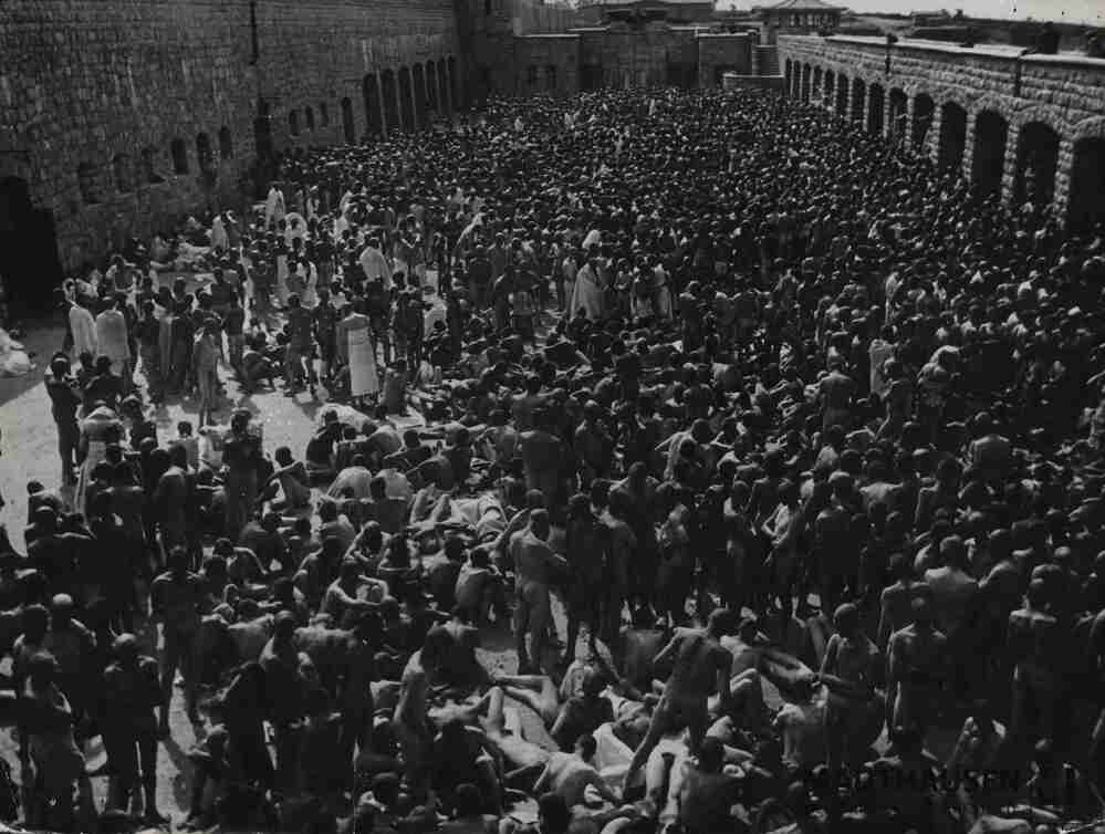 4.1.0586.jpg; 4.1.0586; SS-Erkennungsdienst im KZ Mauthausen: Häftlinge warten im Garagenhof auf Desinfektion und ihre entlauste Kleidung in Folge einer Fleckfieberepidemie im Sommer 1941; siehe auch 4.1.0586 - 4.1.0586.3;