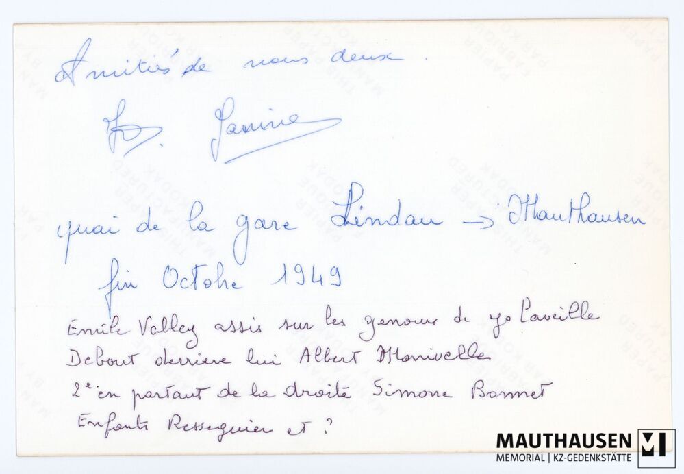 4.16.0009_RS.jpg; 4.16.0009; Gruppenaufnahme von Mitgliedern der Amicale de Mauthausen auf dem Bahnsteig in Lindau, darunter Simone Bonnet (zweite von rechts, stehend), und Emile Valley (erste Reihe, Mitte);