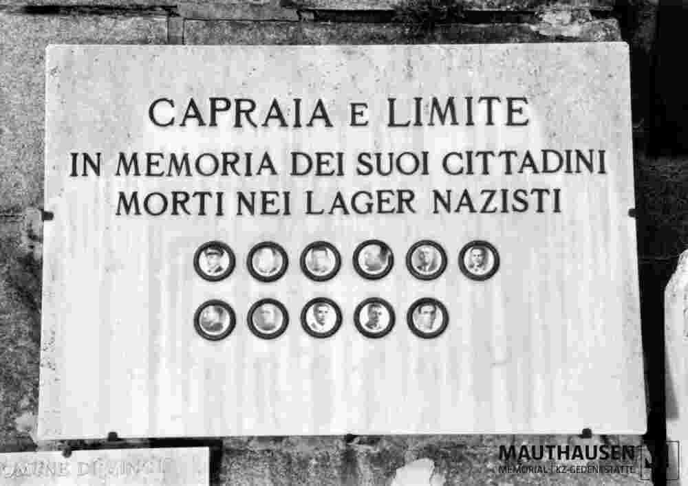 6.1.0250_1_01-13-001-01.jpg; 6.1.0250; Gedenktafel der Gemeinde Capraia e Limite mit 11 Namen und Fotomedaillons; Tafel mit Schrift und 11 Fotomedaillons
