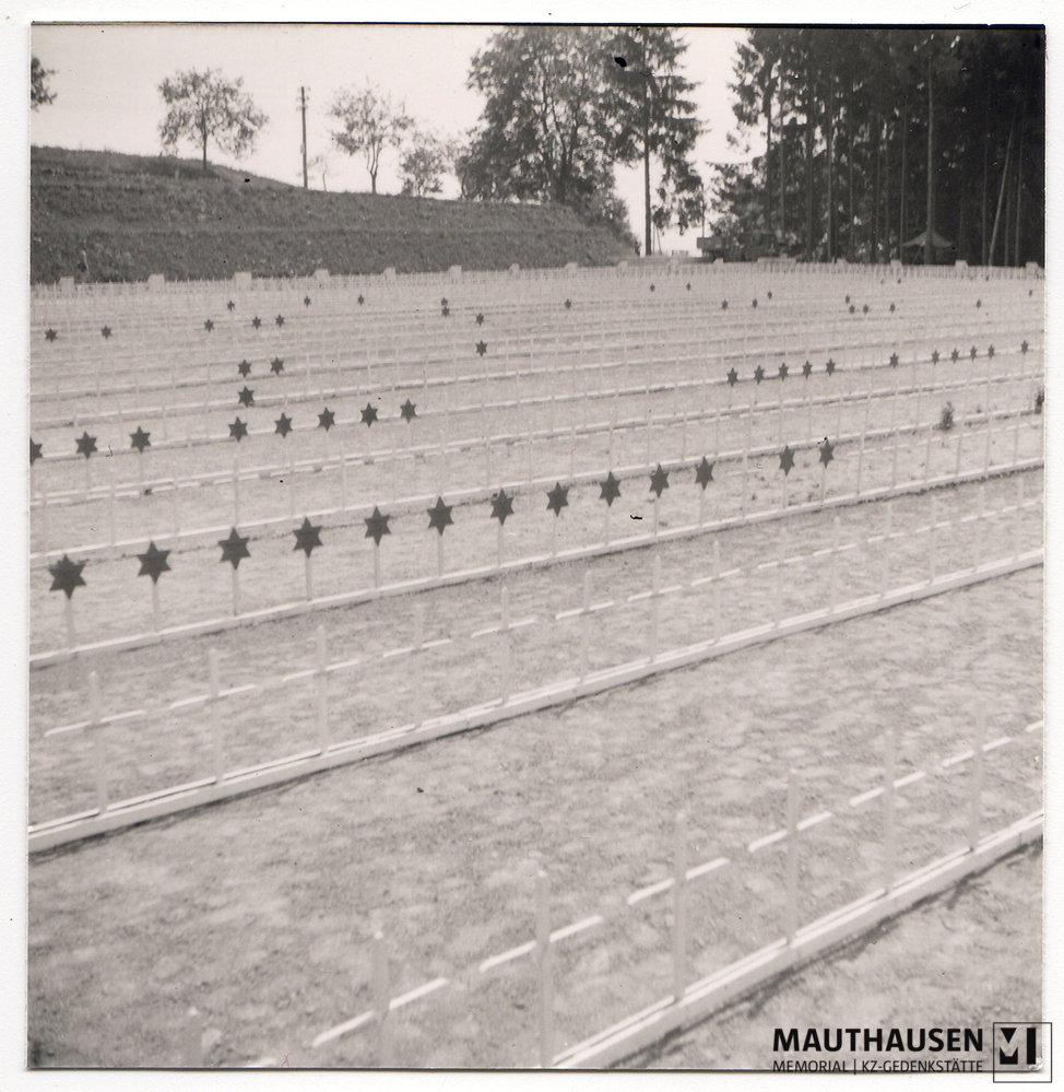 MM_4_7_5_0007.jpg; 4.7.5.0007; Befreites KZ Mauthausen: Davidsterne und Kreuze auf dem Camp Cemetery Mauthausen am ehemaligen Sportplatz der SS.;